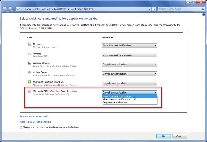 In the drop-down menu next to Microsoft Office OneNote Quick Launcher, select Show icon and notifications, and then click OK.