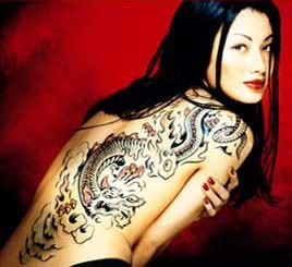 red wall and beautiful Asian dragon tattoo girl